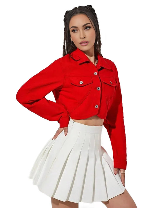 EZwear Flap Pocket Crop Denim Jacket