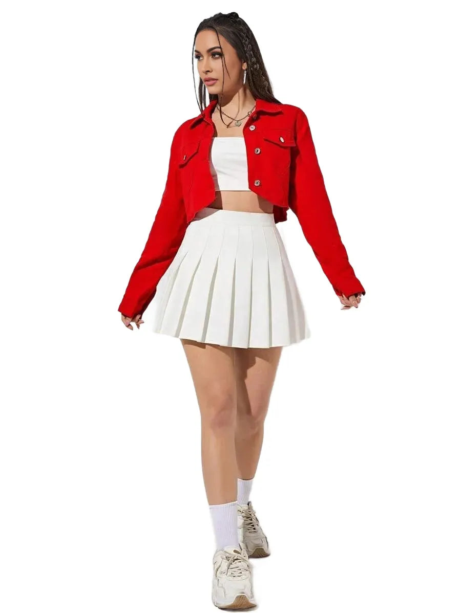 EZwear Flap Pocket Crop Denim Jacket