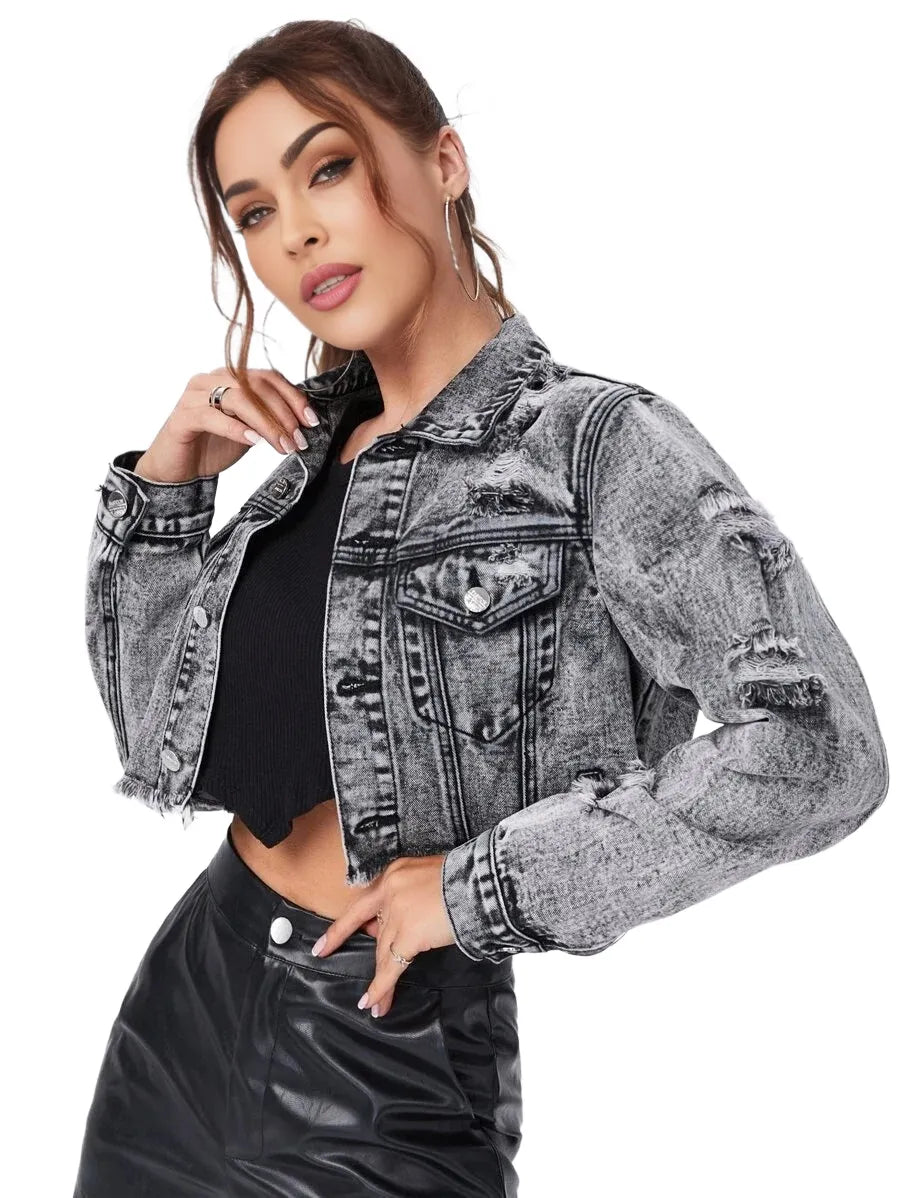 EZwear Ripped Raw Trim Button Front Crop Denim Jacket