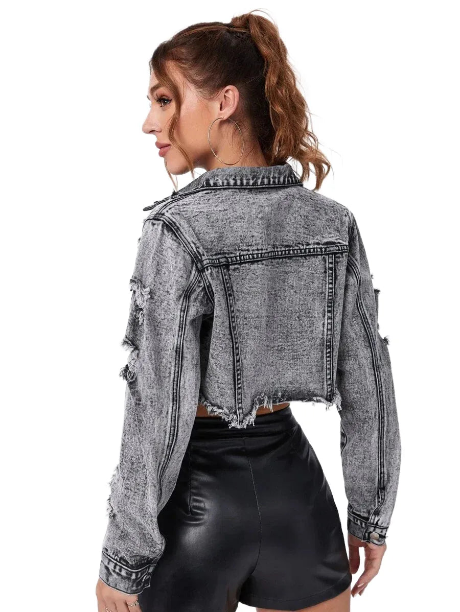 EZwear Ripped Raw Trim Button Front Crop Denim Jacket