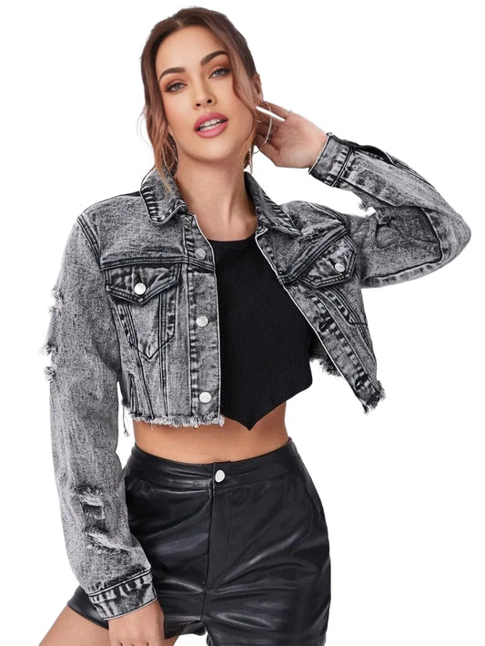 EZwear Ripped Raw Trim Button Front Crop Denim Jacket