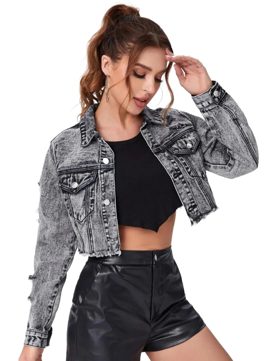 EZwear Ripped Raw Trim Button Front Crop Denim Jacket