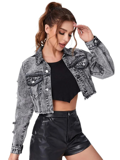 EZwear Ripped Raw Trim Button Front Crop Denim Jacket
