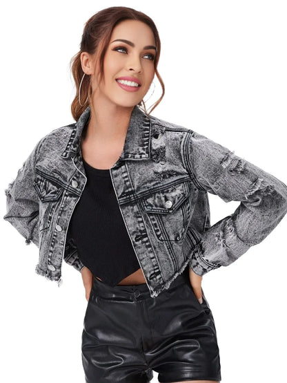 EZwear Ripped Raw Trim Button Front Crop Denim Jacket