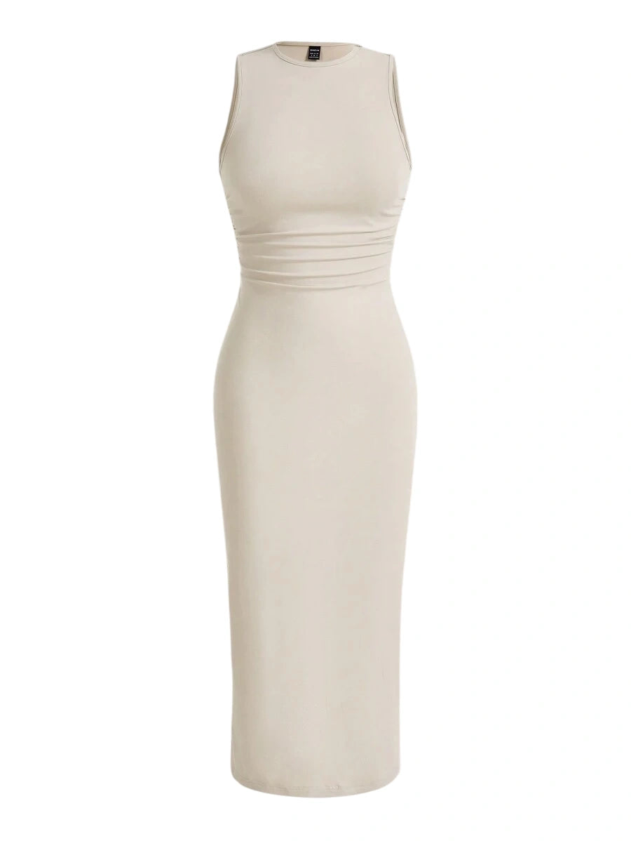 Beige form-fitting sleeveless midi dress with ruched waist