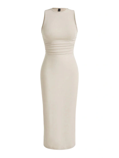 Beige form-fitting sleeveless midi dress with ruched waist