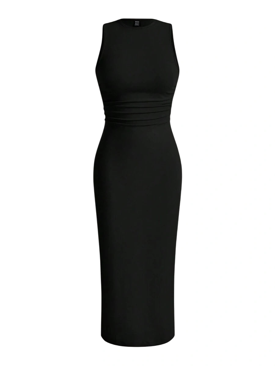 Black sleeveless midi dress with a ruched waist and bodycon silhouette