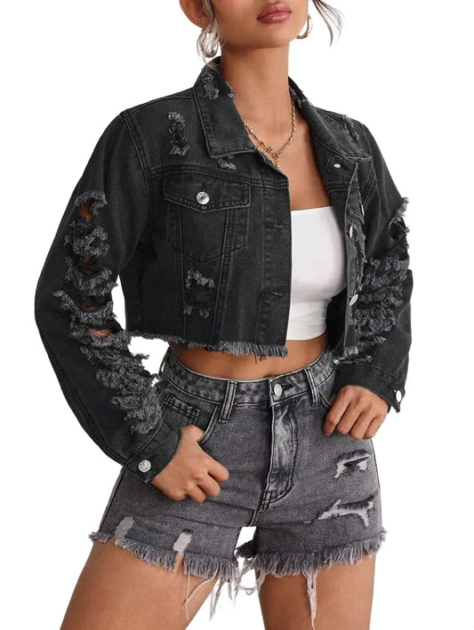 EZwear Women Front Button Long Sleeve Pocket Minimalist Distressed Denim Jacket