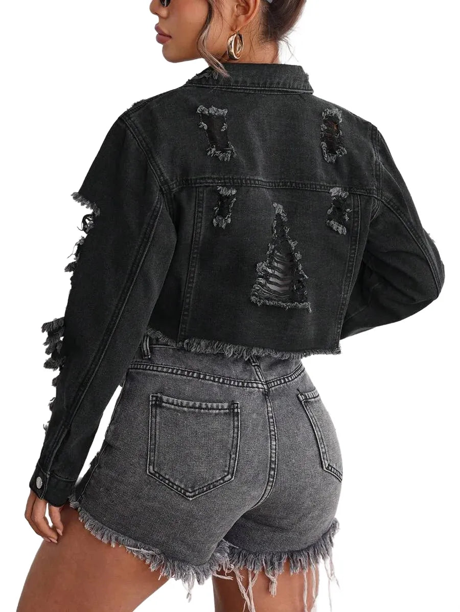 EZwear Women Front Button Long Sleeve Pocket Minimalist Distressed Denim Jacket