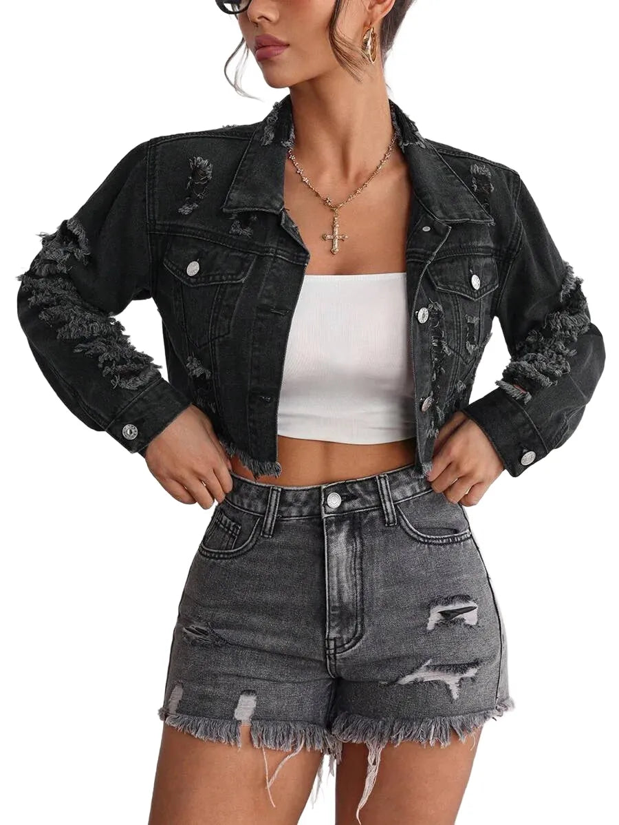 EZwear Women Front Button Long Sleeve Pocket Minimalist Distressed Denim Jacket