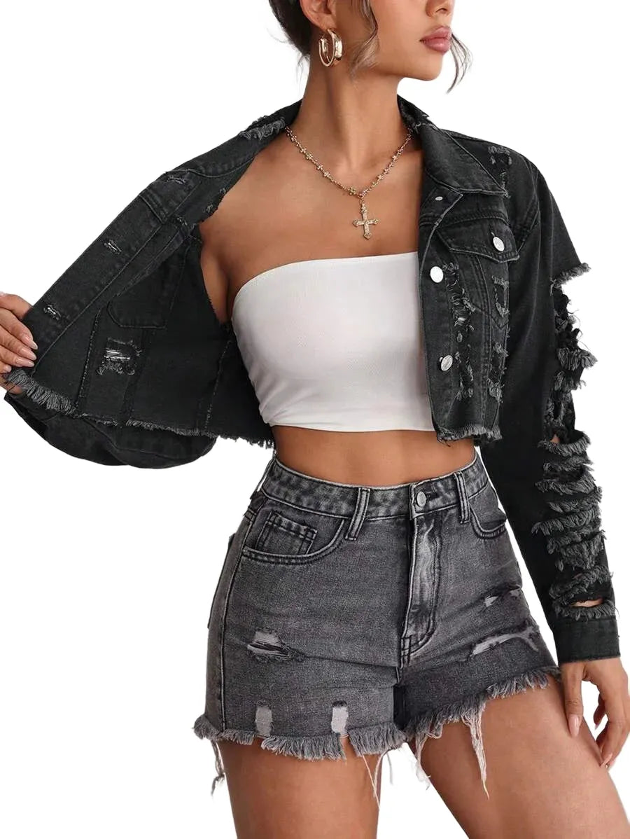 EZwear Women Front Button Long Sleeve Pocket Minimalist Distressed Denim Jacket