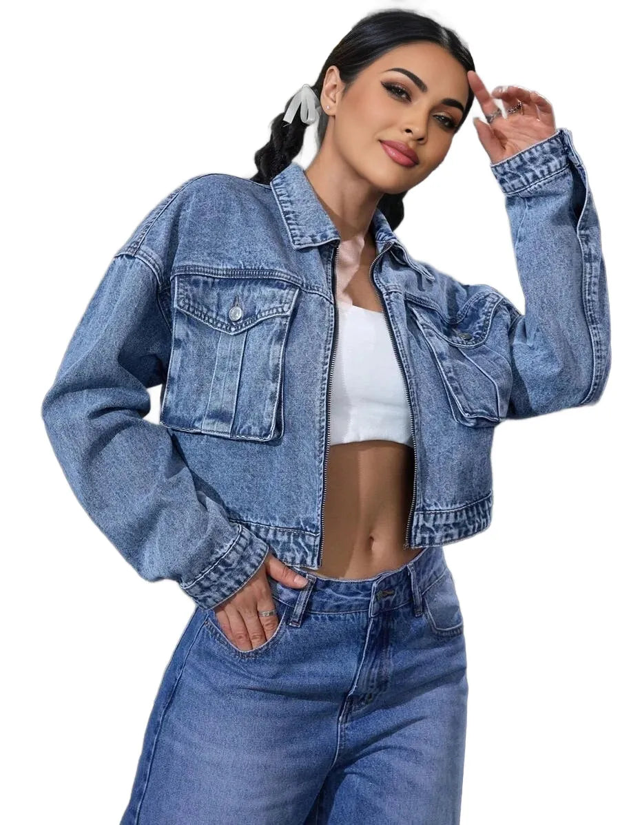 EZwear Womens SpringFall Drop Shoulder Long Sleeve Utility Pocket Casual Denim Jacket