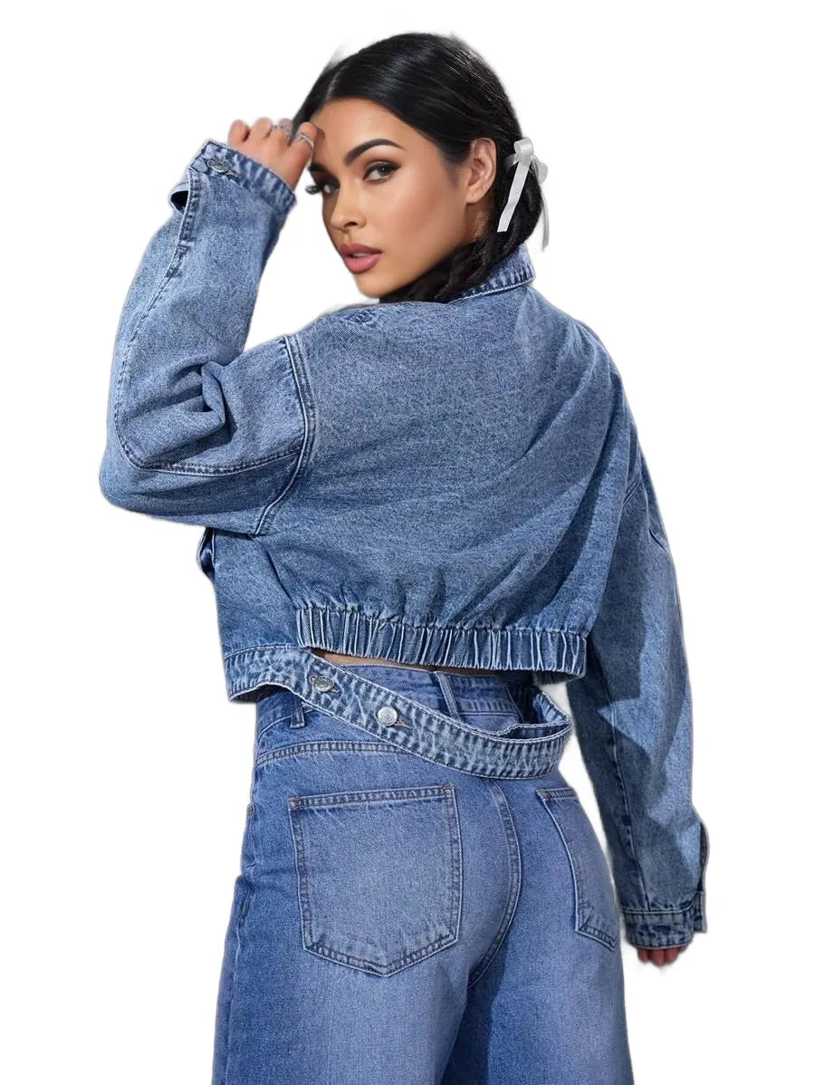 EZwear Womens SpringFall Drop Shoulder Long Sleeve Utility Pocket Casual Denim Jacket