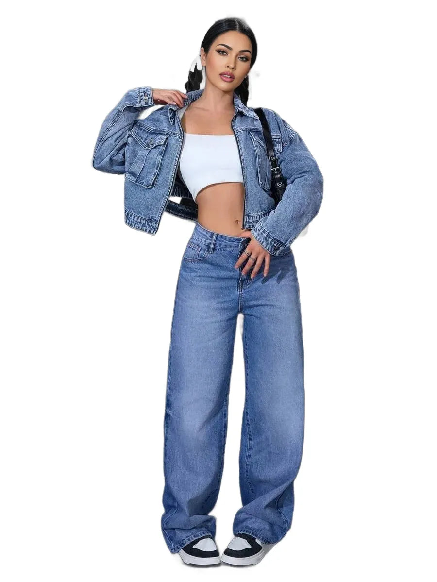 EZwear Womens SpringFall Drop Shoulder Long Sleeve Utility Pocket Casual Denim Jacket
