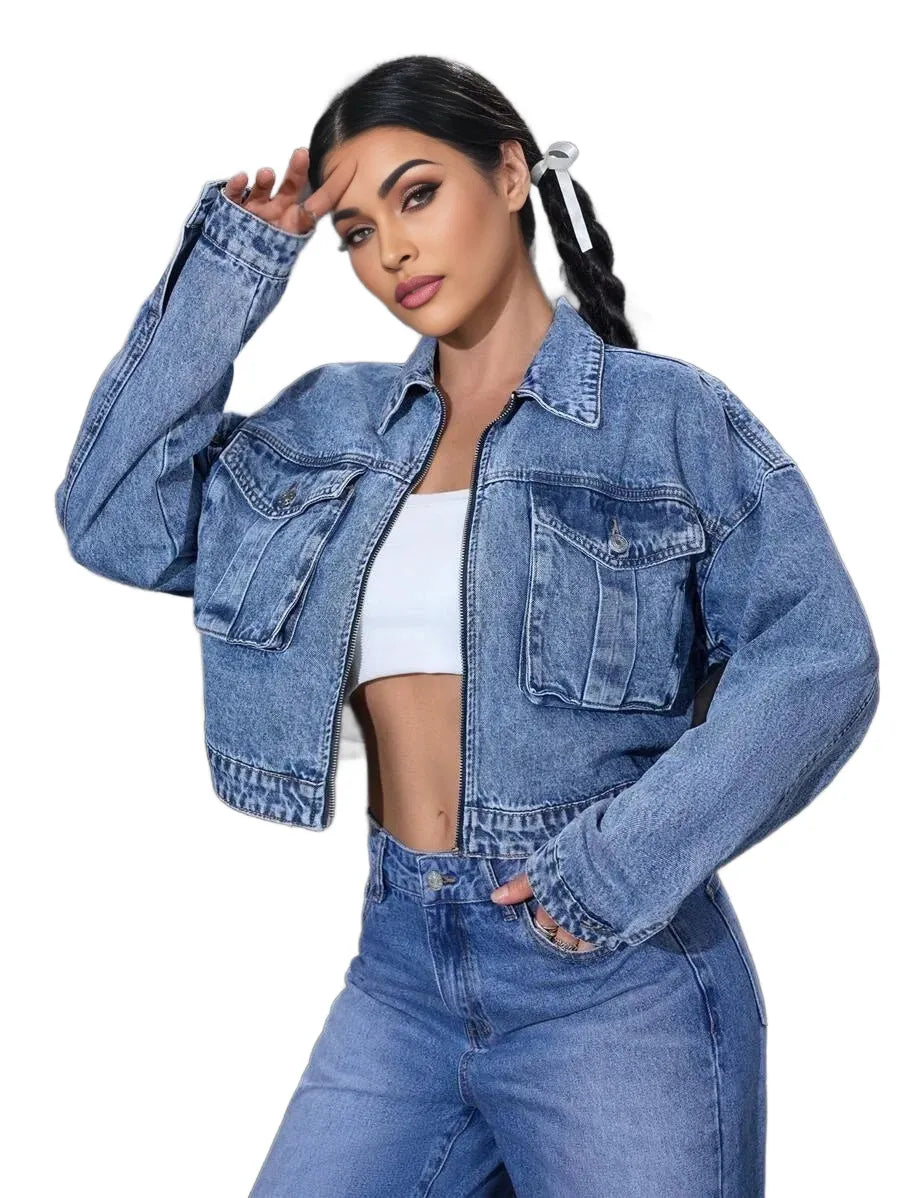EZwear Womens SpringFall Drop Shoulder Long Sleeve Utility Pocket Casual Denim Jacket