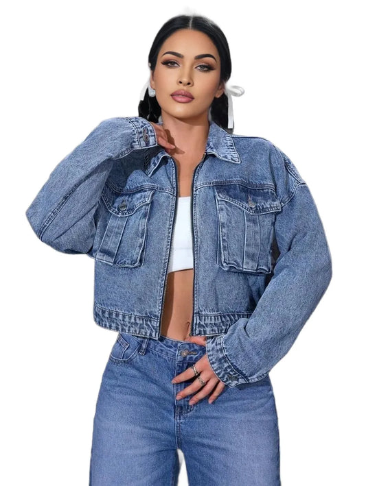 EZwear Womens SpringFall Drop Shoulder Long Sleeve Utility Pocket Casual Denim Jacket