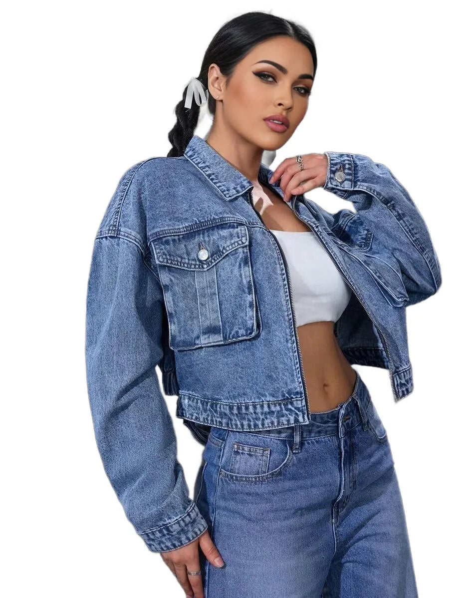 EZwear Womens SpringFall Drop Shoulder Long Sleeve Utility Pocket Casual Denim Jacket