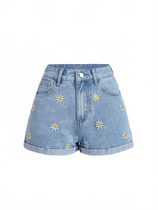 Autumn Denim Shorts Women Floral Embroidered High Waist in Blue