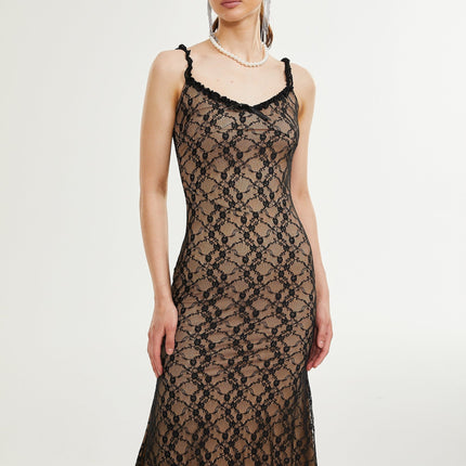 Fabiana Black Floral Lace Midi Dress with Bow Accent V-neckline and Pleated Edge