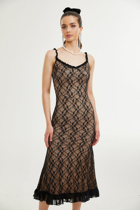 Fabiana Black Floral Lace Midi Dress with Bow Accent V-neckline and Pleated Edge