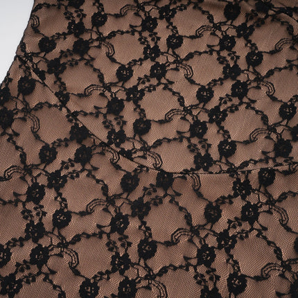 Fabiana Black Floral Lace Midi Dress with Bow Accent V-Neckline Pleated Edge Spaghetti Straps Side Zip Fastening 80% Cotton 20% Polyester