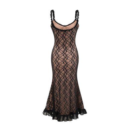 Fabiana Black Floral Lace Midi Dress with Bow Accent V-neckline and Pleated Edge