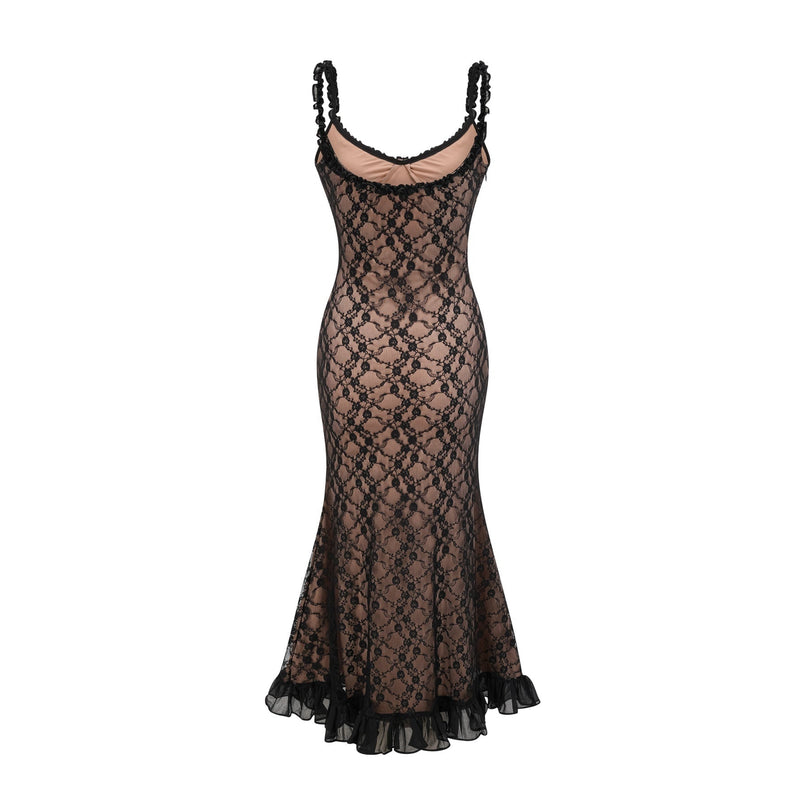 Fabiana Black Floral Lace Midi Dress with Bow Accent V-neckline and Pleated Edge