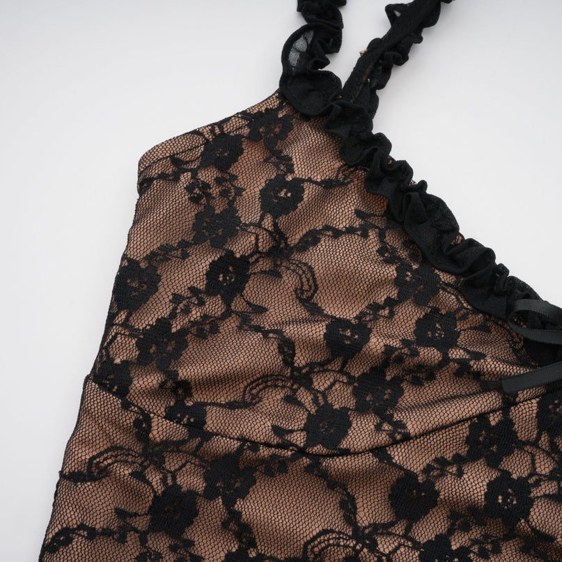 Fabiana Black Floral Lace Midi Dress with Bow Accent V-neckline and Pleated Edge
