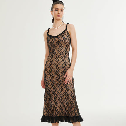 Fabiana Black Floral Lace Midi Dress with Bow Accent V-neckline and Spaghetti Straps