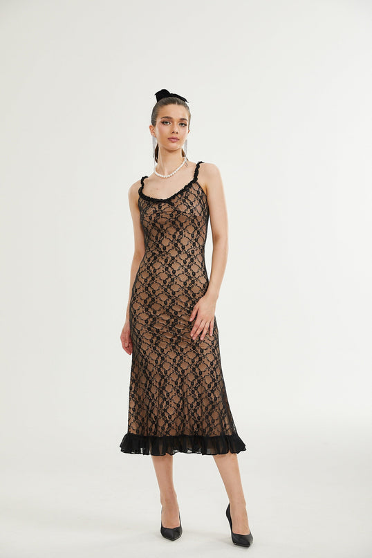 Fabiana Black Floral Lace Midi Dress with Bow Accent V-neckline and Spaghetti Straps