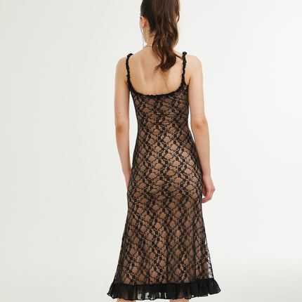 Fabiana Black Floral Lace Midi Dress with Bow Accent V-neckline and Pleated Edge made from 80% cotton and 20% polyester