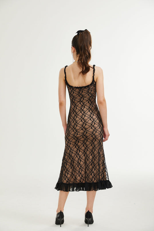 Fabiana Black Floral Lace Midi Dress with Bow Accent V-neckline and Pleated Edge made from 80% cotton and 20% polyester