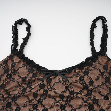 Fabiana Black Floral Lace Midi Dress with Bow Accent V-neckline and Pleated Edge