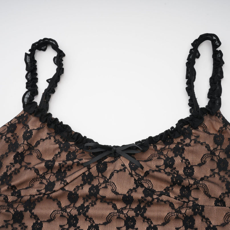 Fabiana Black Floral Lace Midi Dress with Bow Accent V-neckline and Pleated Edge