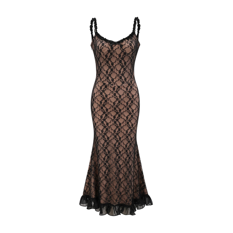 Fabiana Black Floral Lace Midi Dress with Bow Accent V-neckline and Pleated Edge