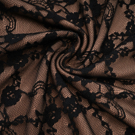 Fabiana Black Floral Lace Midi Dress with Bow Accent V-neckline and Pleated Edge