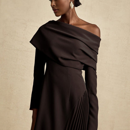 Fabiana Black Maxi Dress with Mono Shoulder Design and Pleated Detailing