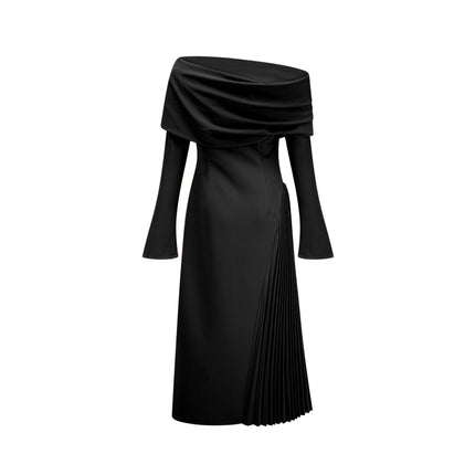 Fabiana Black Maxi Dress with Mono Shoulder Design and Pleated Detailing