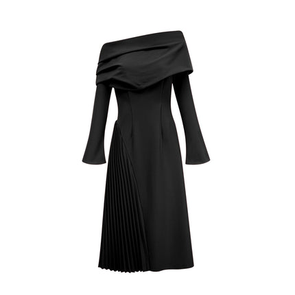 Fabiana Black Maxi Dress Terylene Spandex Mono Shoulder Asymmetric Neckline Pleated Detailing Flared Sleeves Side Zip Fastening