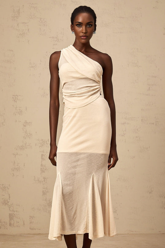Fabiana Neutrals Top Skirt Set stretch design godet mermaid hem midi length lined ensemble fashion-forward individual