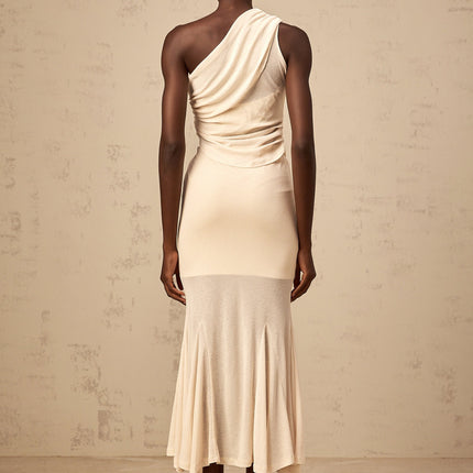 Fabiana Neutrals Top Skirt Set Elegant Stretch Design Godet Detailing Midi Length