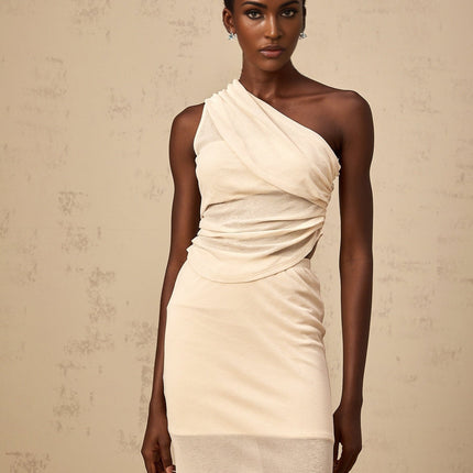 Fabiana Neutrals Top Skirt Set ruched detailing mono shoulder design Terylene Elastane elasticated waistband godet design mermaid hem midi length lined fashion-forward