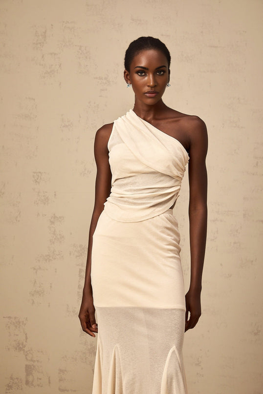 Fabiana Neutrals Top Skirt Set ruched detailing mono shoulder design Terylene Elastane elasticated waistband godet design mermaid hem midi length lined fashion-forward