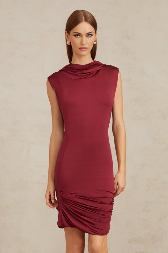 Fabiana Red Mini Dress with Cowl Neck and Hooded Design