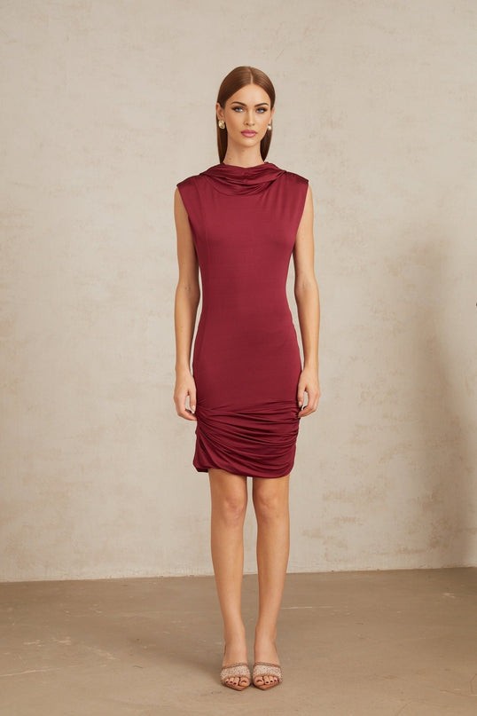 Fabiana Red Mini Dress Cowl Neck Hooded Ruched Detailing Sleeveless Fitted Silhouette Curved Hem Luxurious Blend Viscose Spandex Elegant Sophisticated Chic Versatile Alluring Ensemble