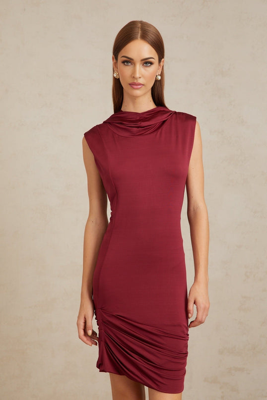 Fabiana Red Mini Dress with Cowl Neck and Hooded Design