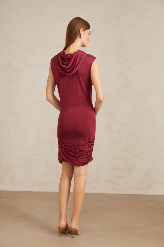 Fabiana Red Mini Dress with Cowl Neck and Hooded Design