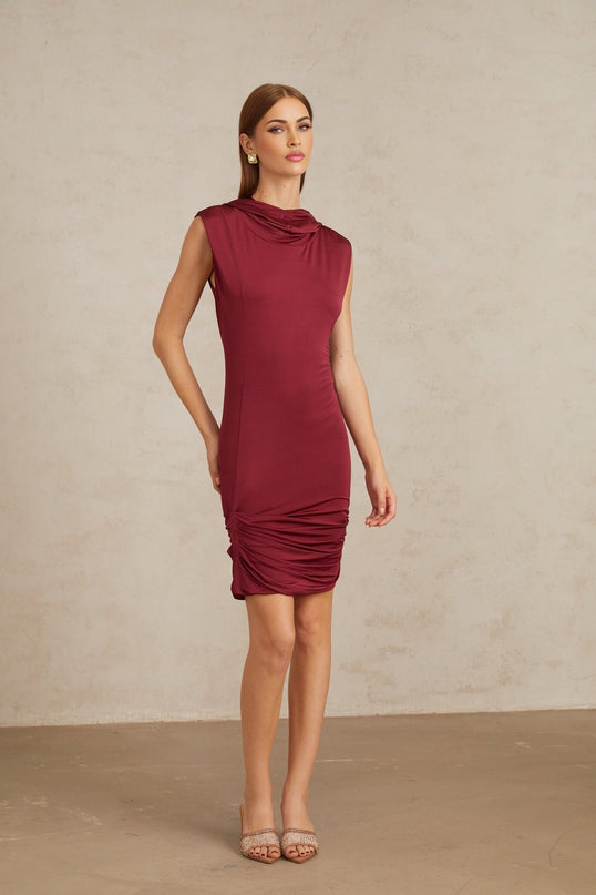 Fabiana Red Mini Dress with Cowl Neck and Hooded Design
