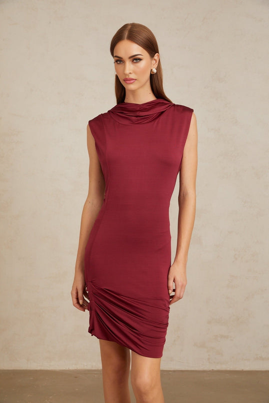 Fabiana Red Mini Dress with Cowl Neck and Hooded Design