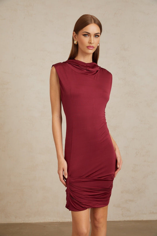 Fabiana Red Mini Dress with Cowl Neck and Hooded Design